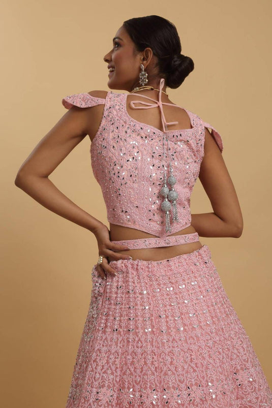 Drishti Pink Mirror Embroidered Leaf Neck Lehenga Set