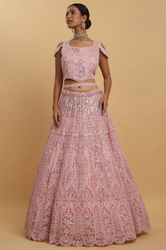 Drishti Pink Mirror Embroidered Leaf Neck Lehenga Set