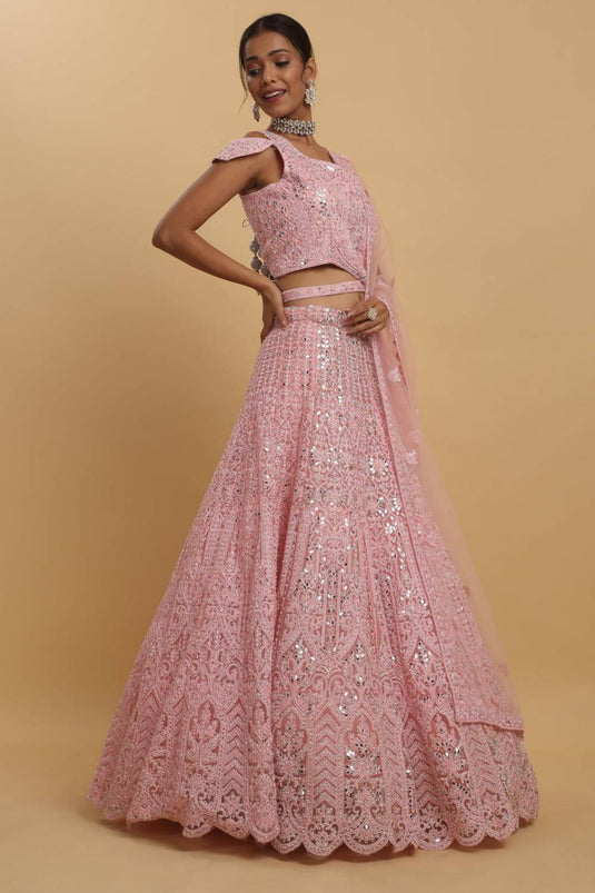 Drishti Pink Mirror Embroidered Leaf Neck Lehenga Set