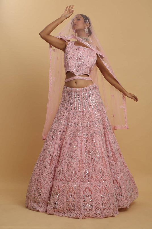 Drishti Pink Mirror Embroidered Leaf Neck Lehenga Set