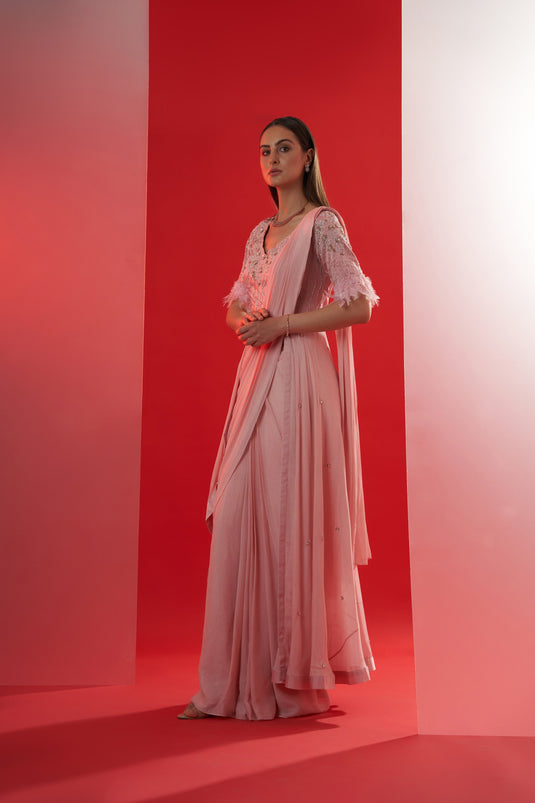 Pink pre drape jacket saree