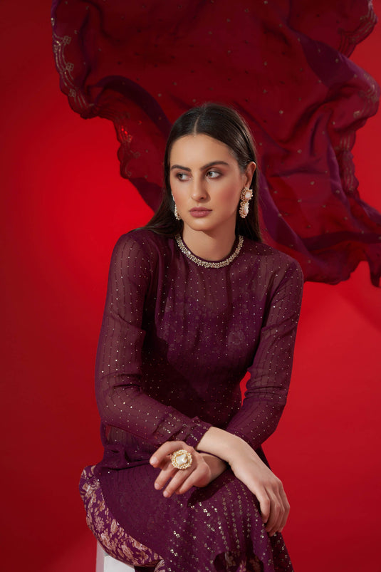 Wine Embroidered Kurta Set