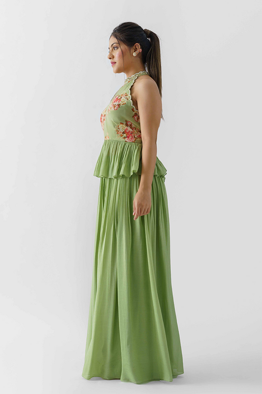 Pale Light Green Georgette Crepe Flared Pant Set