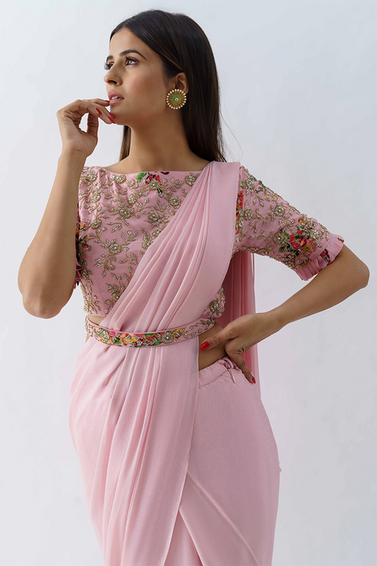 Blush Pink Pre-Draped Saree Set