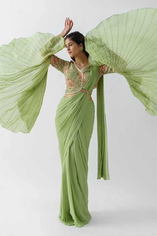Green Hand Embroidered Pre-Draped Saree Set