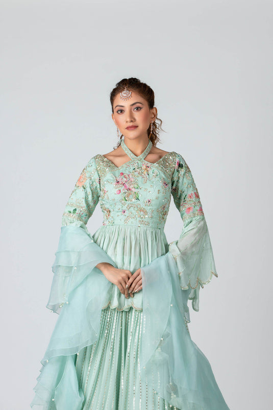 Sea-Green Organza & Georgette Lehenga Set