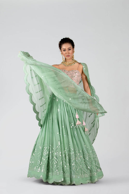 Leaf Green Embroidered Skirt Lehenga Set