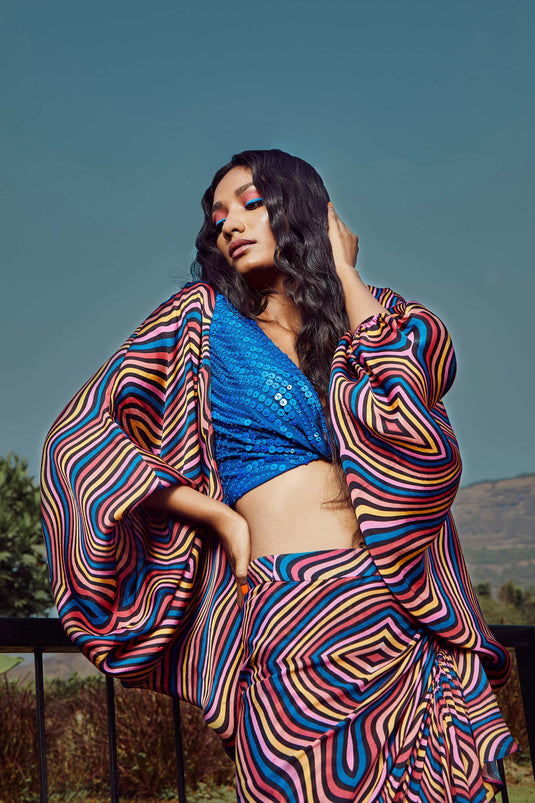 Azure Blue Front Knot Top Detailed With Cape And Skirt