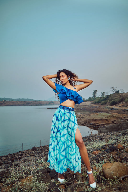 Azure Blue Ruffled Organza Blouse With Skirt And Belt