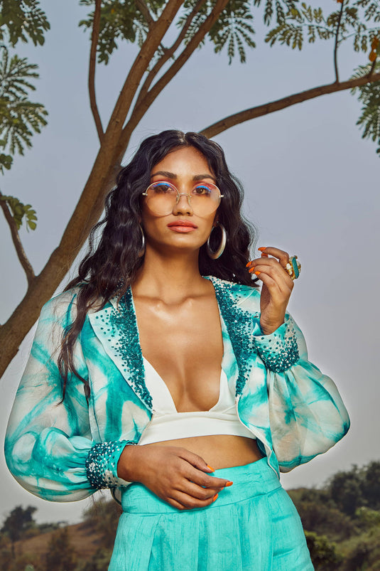 Celestial Blue Overlap Pleated Trousers with Jacket And Bralette