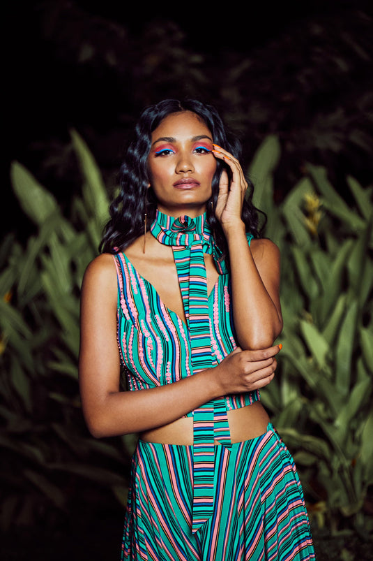 Mint green Printed Overall Exaggerated Low Crotch Pants With Silk Top