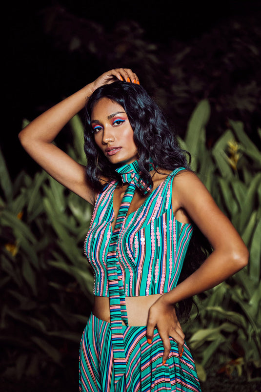 Mint green Printed Overall Exaggerated Low Crotch Pants With Silk Top