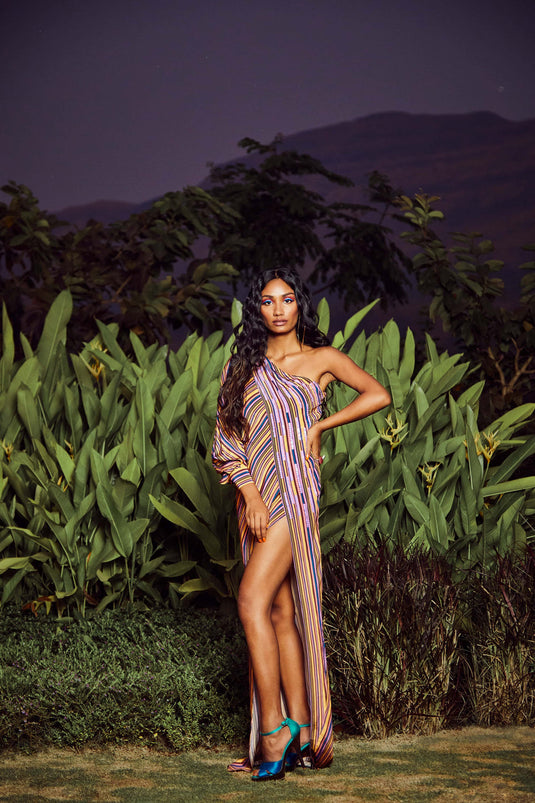 Yellow  Printed One Shoulder High-Slit Overlay Maxi Dress