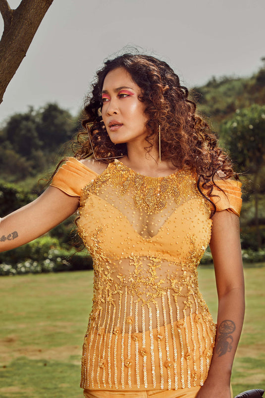 Yellow Amber Tulle Thread Embroidered Long Top With Trousers
