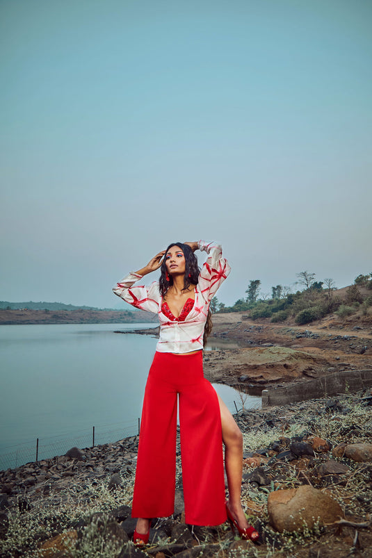 Tie-Dye Scarlet Red Organza Top With Trousers