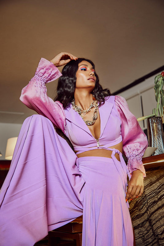 Iridescent Lavender Cropped Jacket With  Trousers