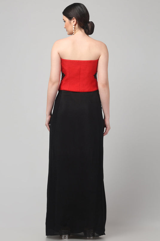 Red Embroidered  Top with Draped Black Skirt