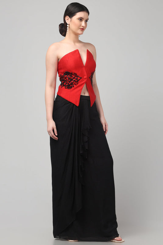 Red Embroidered  Top with Draped Black Skirt