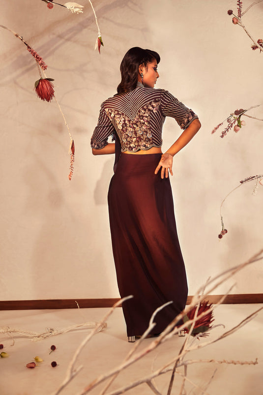 Wine Pre-Draped Saree