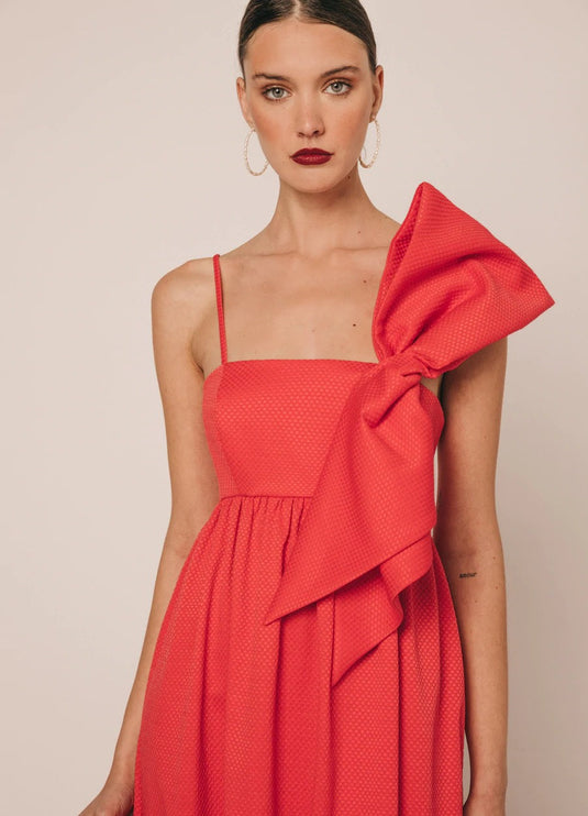 Khushboo & Pankaj - Persian Red One - Shoulder Bow Dress