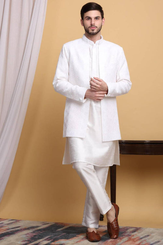 Nakkashkaari Embroidered Open Jacket Kurta Set - Ivory Cream