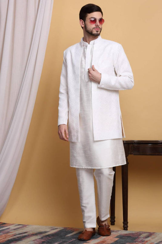 Nakkashkaari Embroidered Open Jacket Kurta Set - Ivory Cream