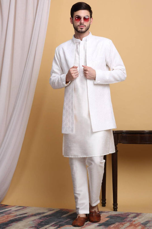 Nakkashkaari Embroidered Open Jacket Kurta Set - Ivory Cream