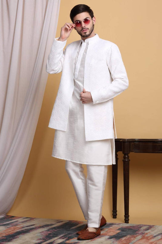 Nakkashkaari Embroidered Open Jacket Kurta Set - Ivory Cream
