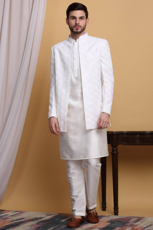 Kohima Embroidered Open Jacket Set - Ivory