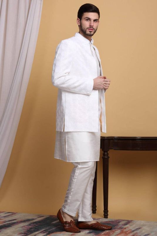 Kohima Embroidered Open Jacket Set - Ivory