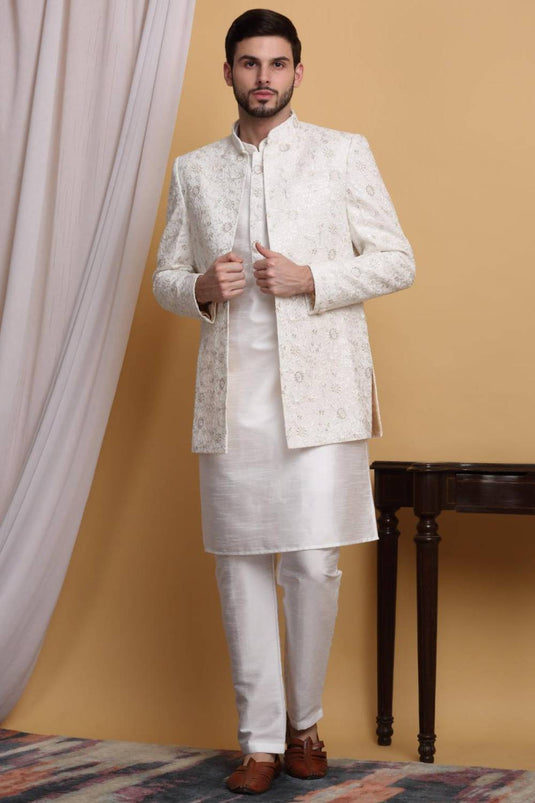 Ved Embroidered Open Jacket Set - Ivory Cream