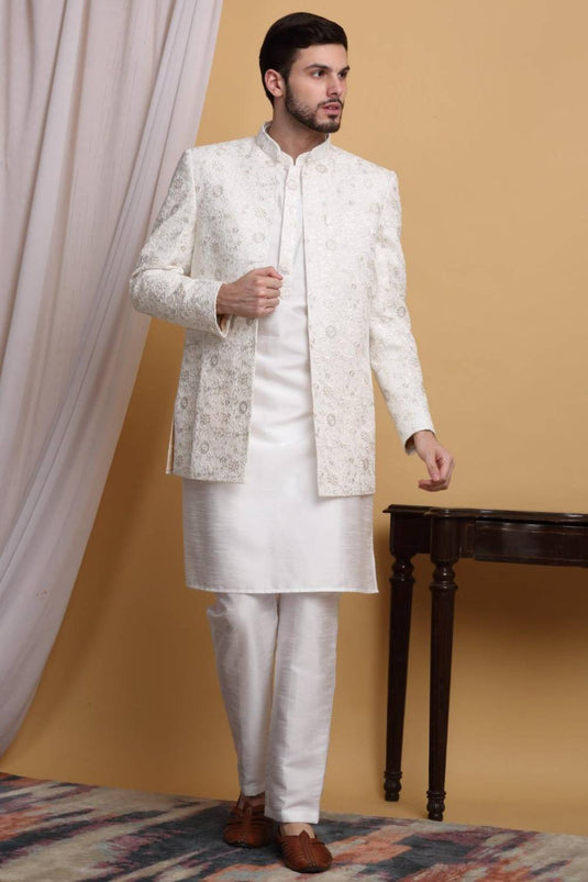Ved Embroidered Open Jacket Set - Ivory Cream