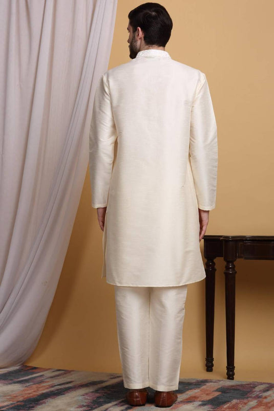 Om Embroidered Open Jacket Set - Ivory