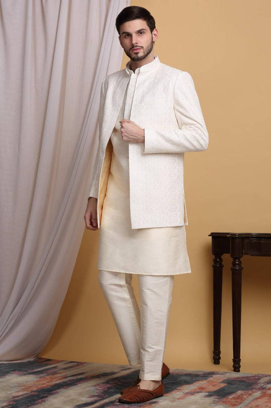 Om Embroidered Open Jacket Set - Ivory