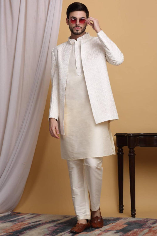 Om Embroidered Open Jacket Set - Ivory
