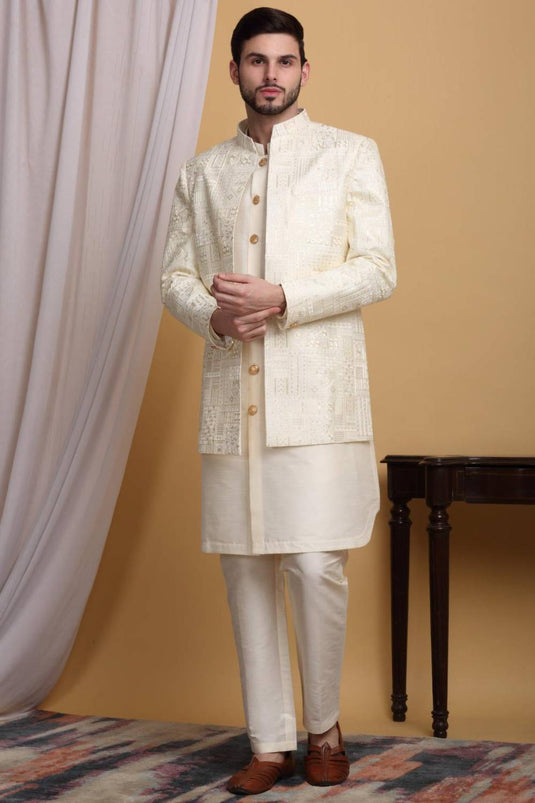 Zardoz Embroidered Open Jacket Set - Ivory