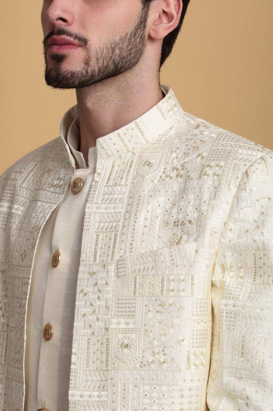 Zardoz Embroidered Open Jacket Set - Ivory