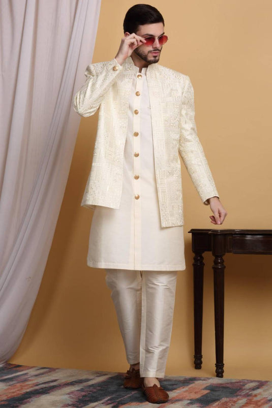 Zardoz Embroidered Open Jacket Set - Ivory