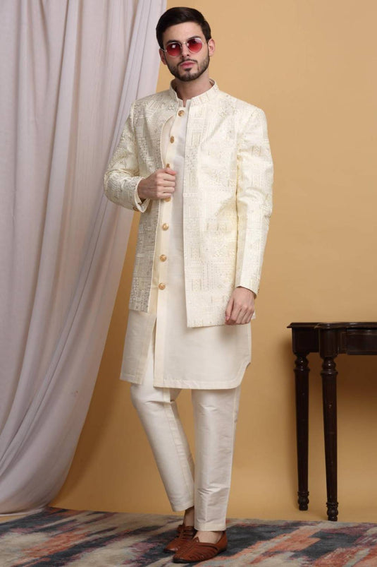 Zardoz Embroidered Open Jacket Set - Ivory