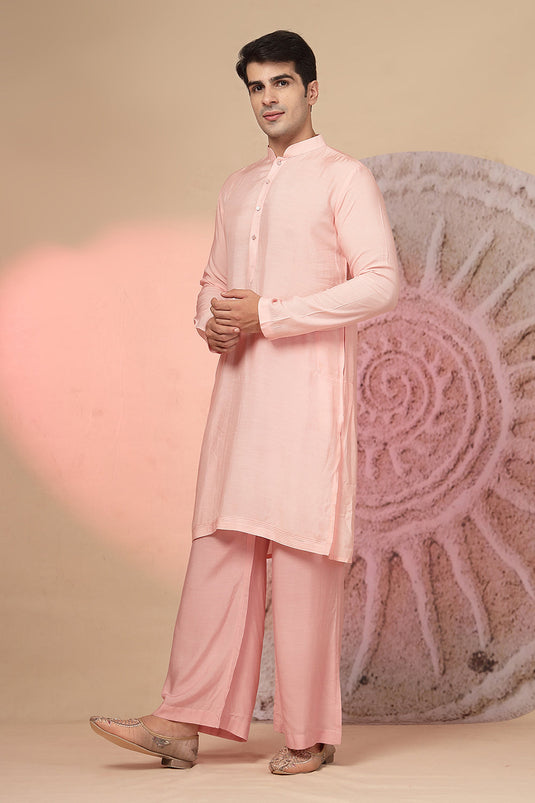 Light Pink Satin Kurta With Jacket And Pant