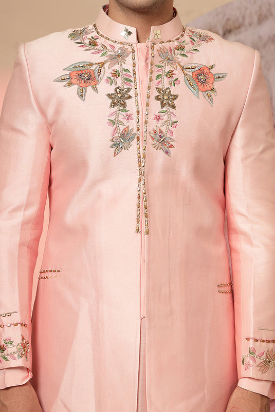 Light Pink Satin Kurta With Jacket And Pant