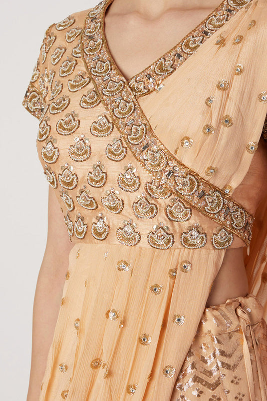 Embroidered Peach Draped Lehenga Set - Auraya Fashion -  - #tag1# - #tag2# - #tag3# - #tag3#