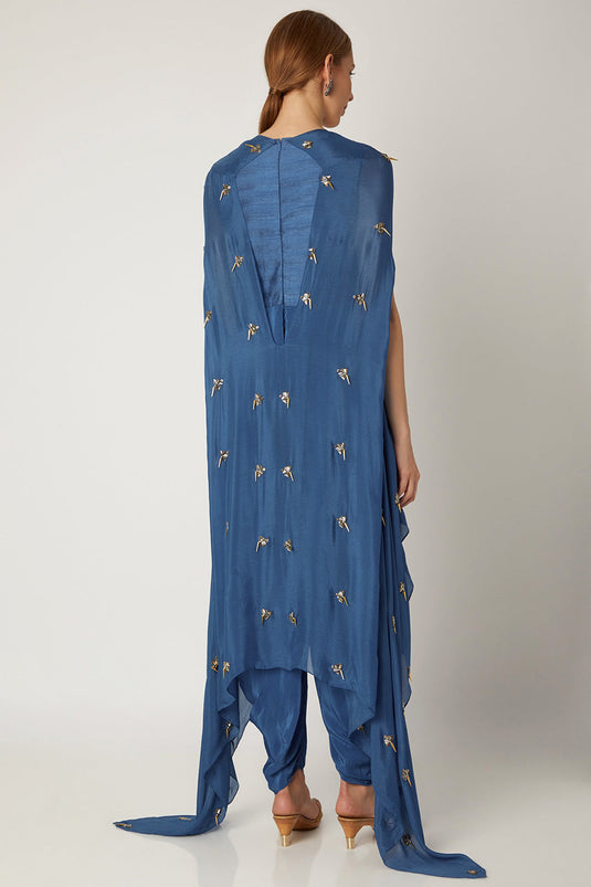 Embroidered Indigo Blue Jumpsuit With Attached Cape - Auraya Fashion -  - #tag1# - #tag2# - #tag3# - #tag3#