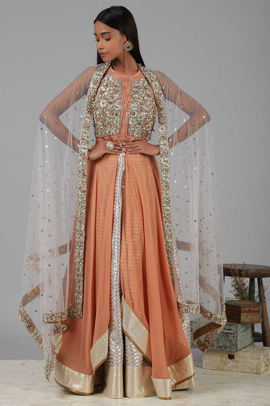 Embroidered Coral Lehenga Set - Auraya Fashion -  - #tag1# - #tag2# - #tag3# - #tag3#