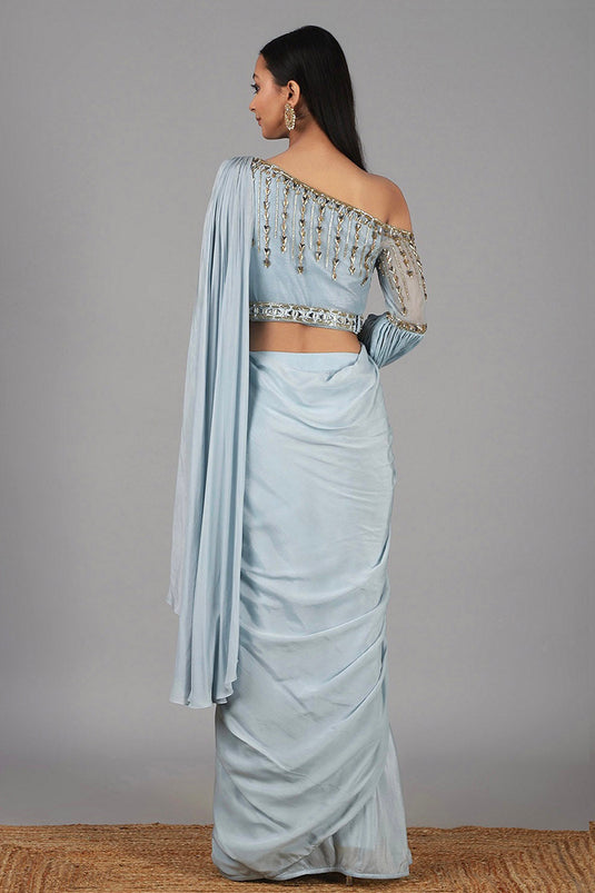 Embroidered Dusky Aqua Pre Stitched Saree Set - Auraya Fashion -  - #tag1# - #tag2# - #tag3# - #tag3#