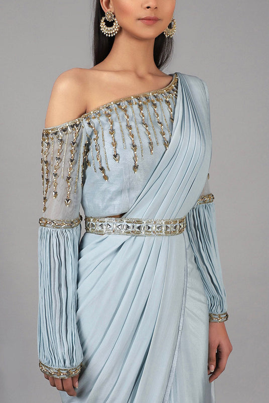 Embroidered Dusky Aqua Pre Stitched Saree Set - Auraya Fashion -  - #tag1# - #tag2# - #tag3# - #tag3#