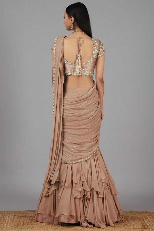 Embroidered Beige Lehenga Saree Set - Auraya Fashion -  - #tag1# - #tag2# - #tag3# - #tag3#