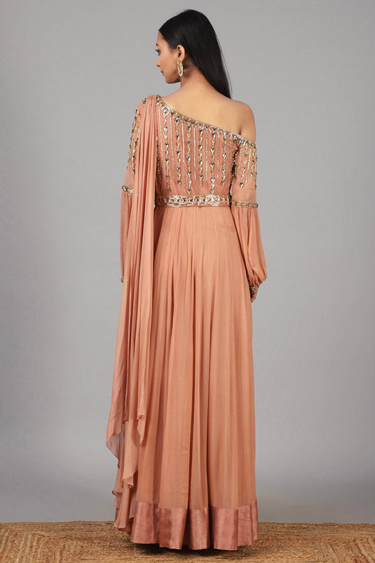 Embroidered Peach Anarkali With Belt - Auraya Fashion -  - #tag1# - #tag2# - #tag3# - #tag3#