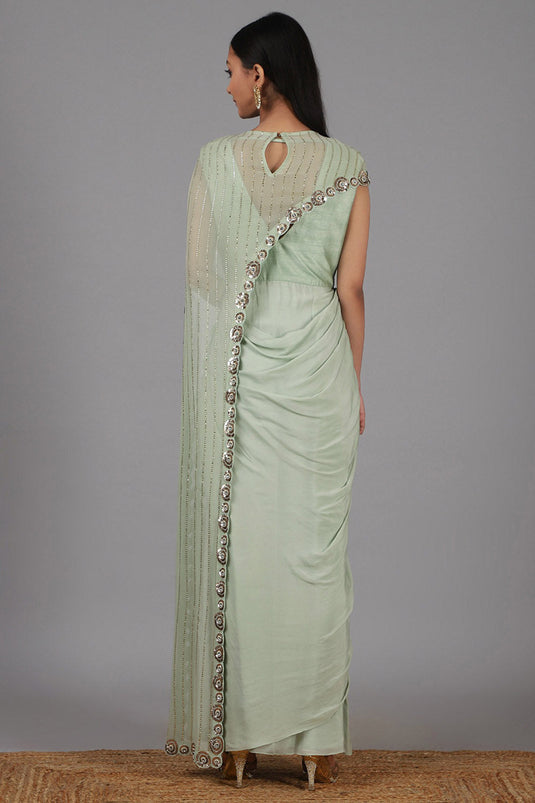 Embroidered Muted Green Saree Gown Set - Auraya Fashion -  - #tag1# - #tag2# - #tag3# - #tag3#