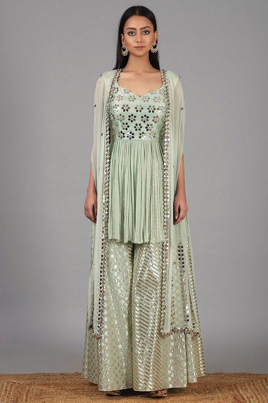 Embroidered Muted Green Sharara Set - Auraya Fashion - Nidhika Shekhar - #tag1# - #tag2# - #tag3# - #tag3#